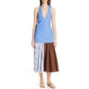 TIBI Vivian Stripe Deep V-Neck Halter Dress, NWT